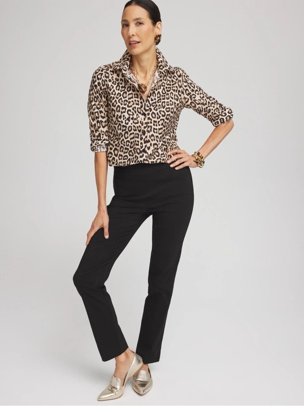 Chicos NWT No Iron™ Leopard Half Button Down Classy Animal Print Shirt Top